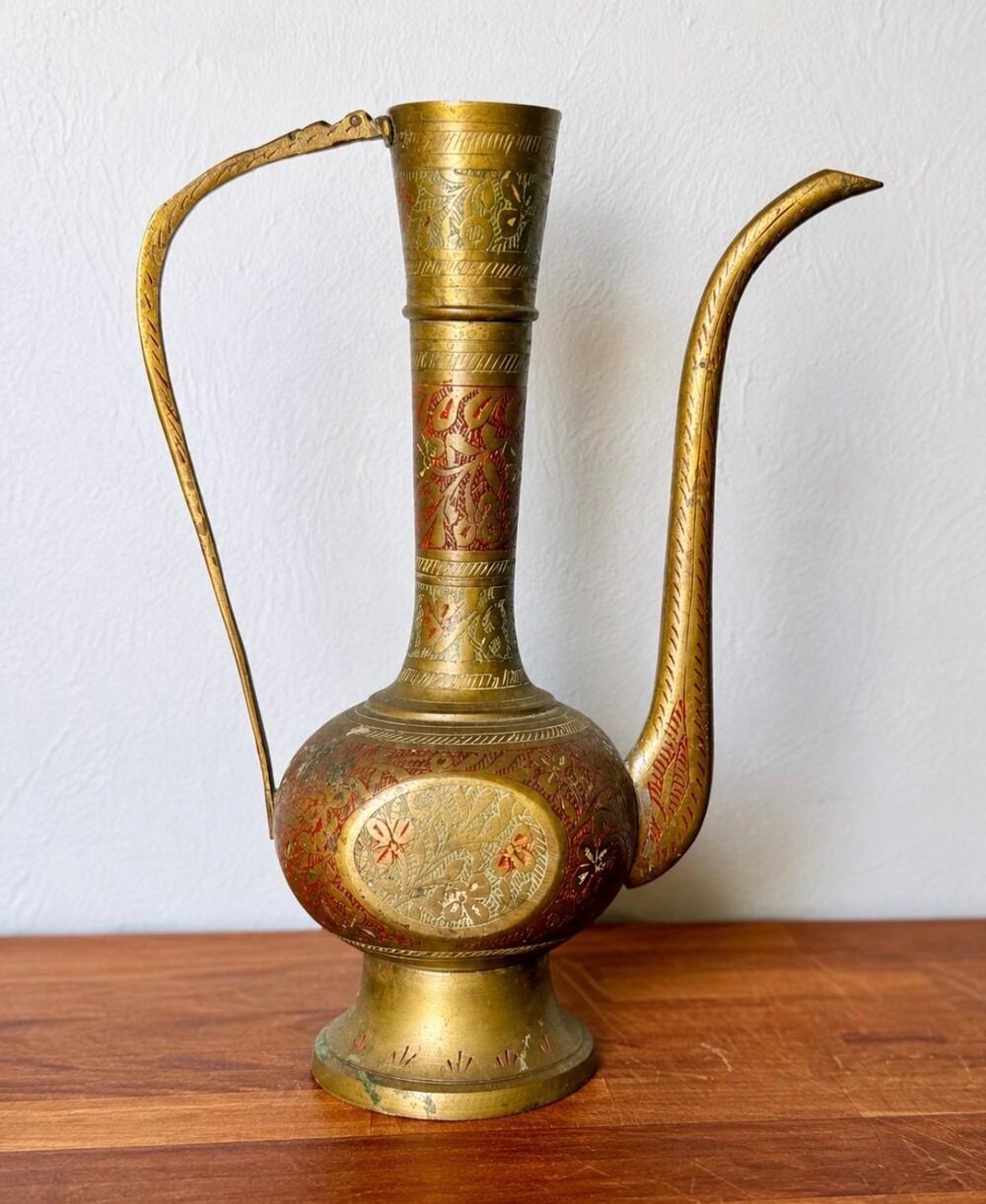Vintage Indian Brass Ewer: Engraved Floral, Red Green Enamel, Long Spout